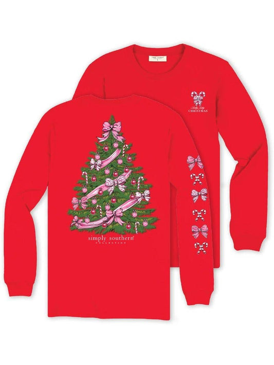 Pink & Red Decorated Christmas Tree Candy Canes & Bows LS-TREE-RED Long Sleeve Tee by Simply Southern