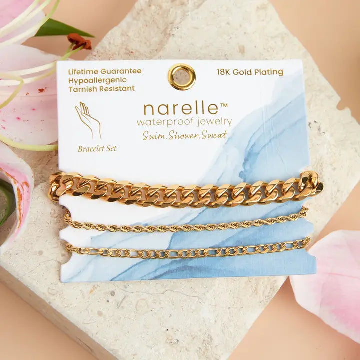 Chunky, Figaro and Dainty Chain Bracelet Set Extender" 11/2. L" 6 3/4 Narelle Waterproof Jewelry