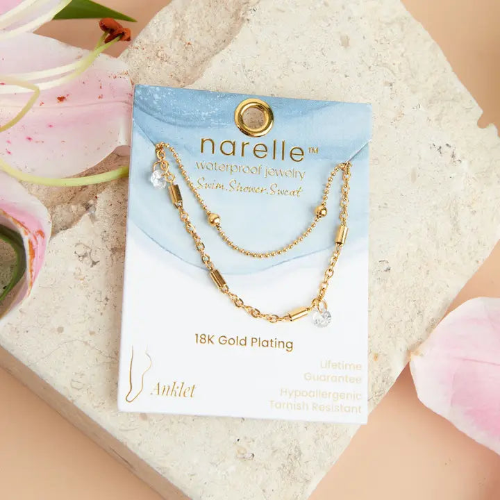 Dainty 2 Rows with CZ Anklet Gold L" 8 1/2 Narelle Waterproof Jewelry