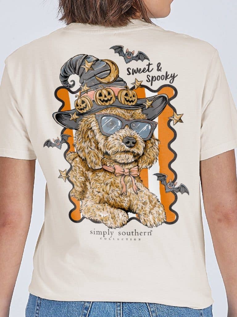 Sweet and Sppoky Puppy Witch YOUTH-SS-SWEETSPKY-WISP Short Sleeve Tee by Simply Southern