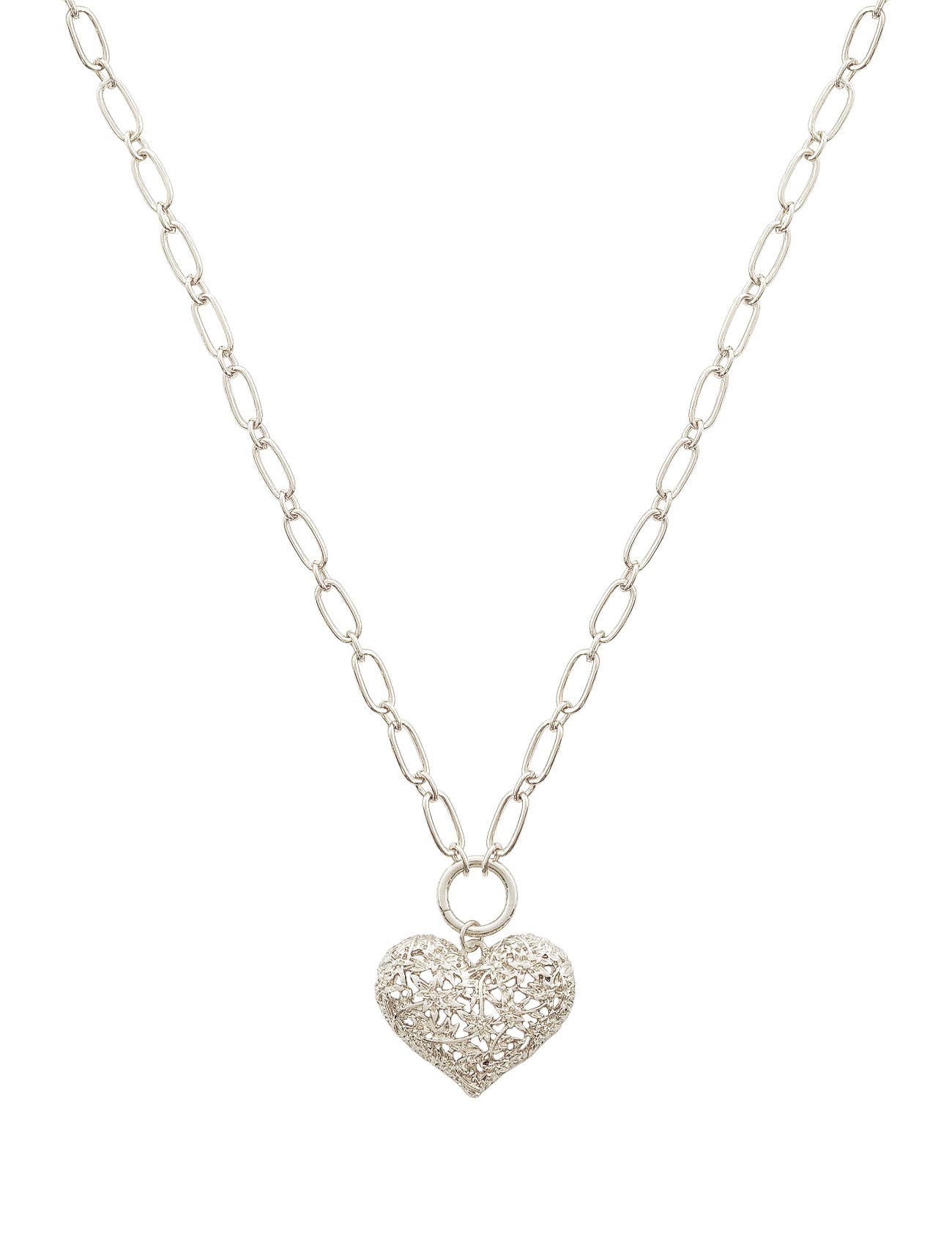 Chunky 3D Filigree Heart Pendant Chain Necklace
