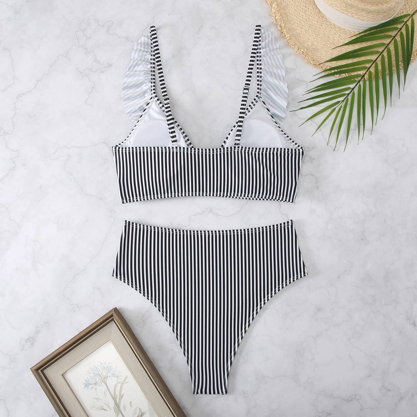 Striped High Waist V-neck Ruffled Bikini