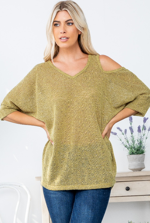 MUSTARD LIGHT KNIT ONE COLD SHOULDER TOP BY BE STAGE
