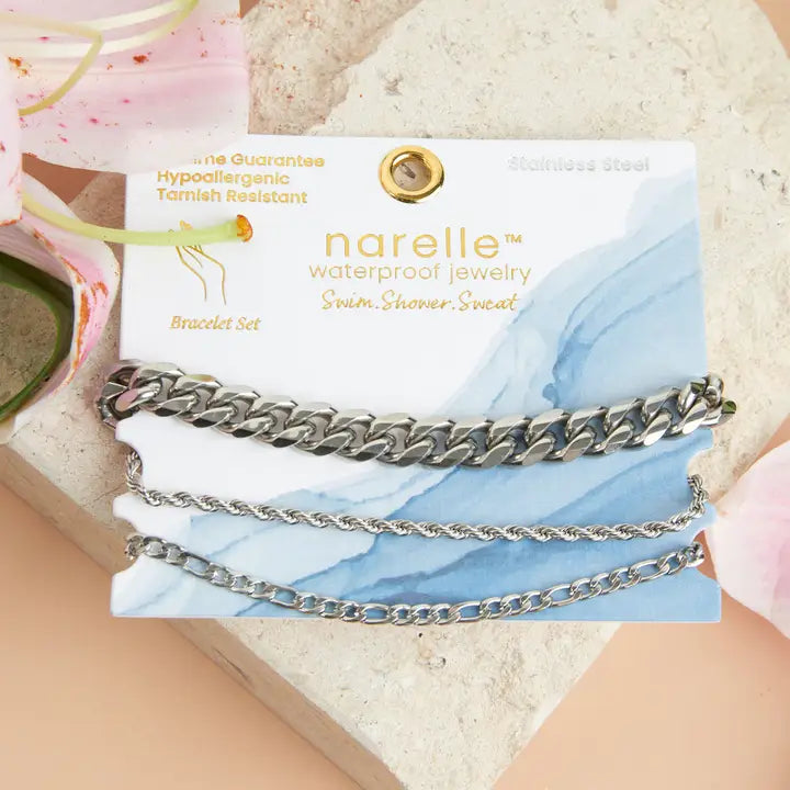 Chunky, Figaro and Dainty Chain Bracelet Set Extender" 11/2. L" 6 3/4 Narelle Waterproof Jewelry