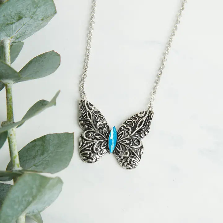 Zenni Engraved Antique Silver Butterfly 18" Pendant Necklace by Howard's