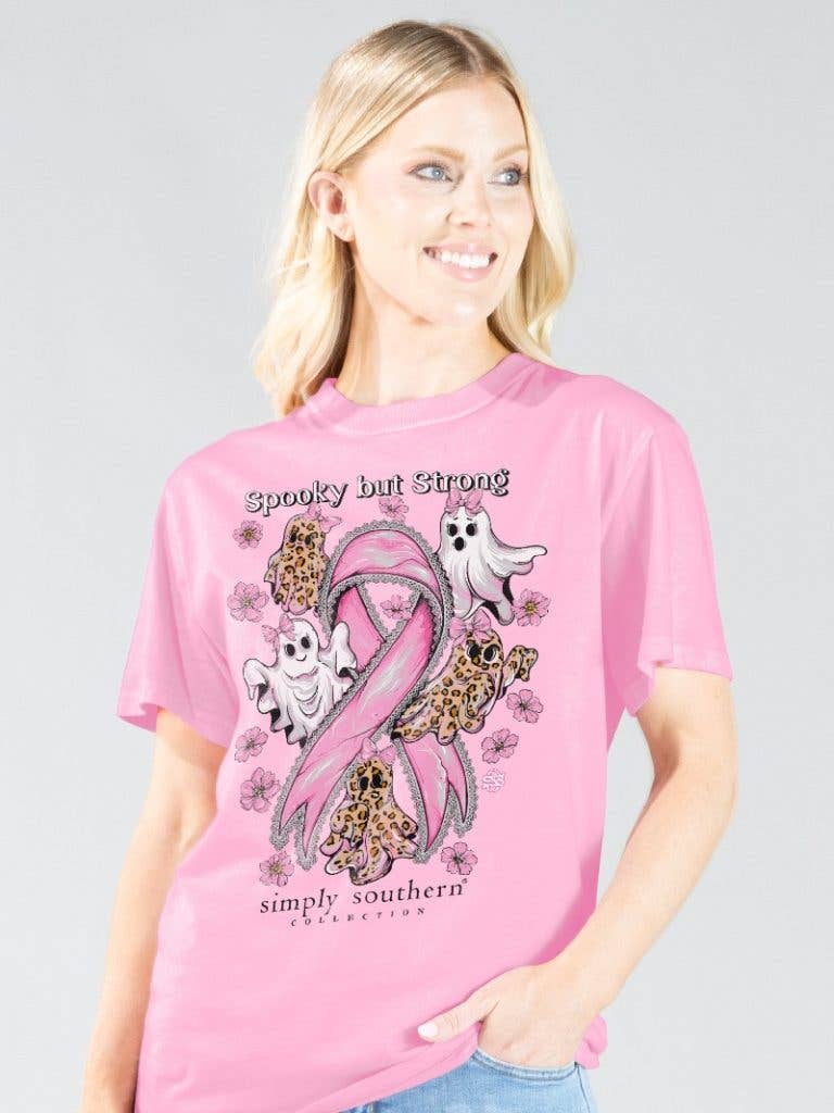 Spooky but Strong Breast Cancer awareness Ghost with Pink Ribbons SS-STRONG-WSHPNK Short Sleeve Tee by Simply Southern
