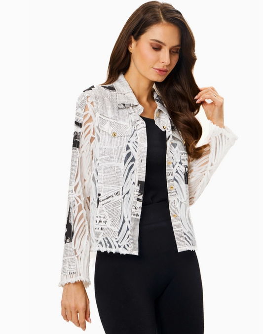 Newspaper Print Sheer Top with Gold Buttons Jacket