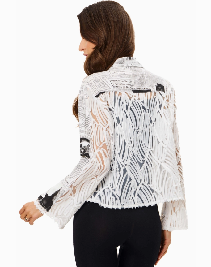 Newspaper Print Sheer Top with Gold Buttons Jacket