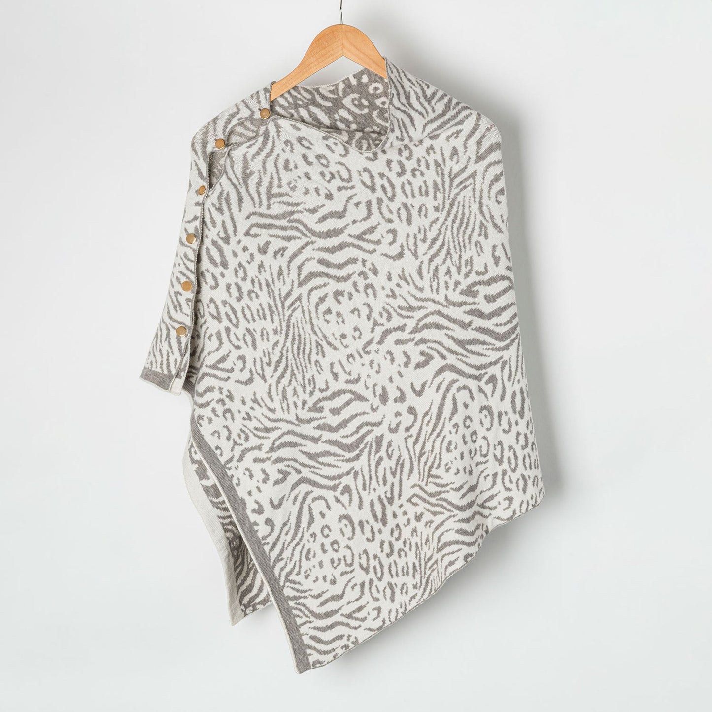 Animal Print Reversible Poncho with Gold Button Accents