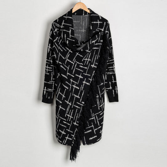 Black Geo Plaid Asymmetrical Wrap Sweater With Fringe Detail