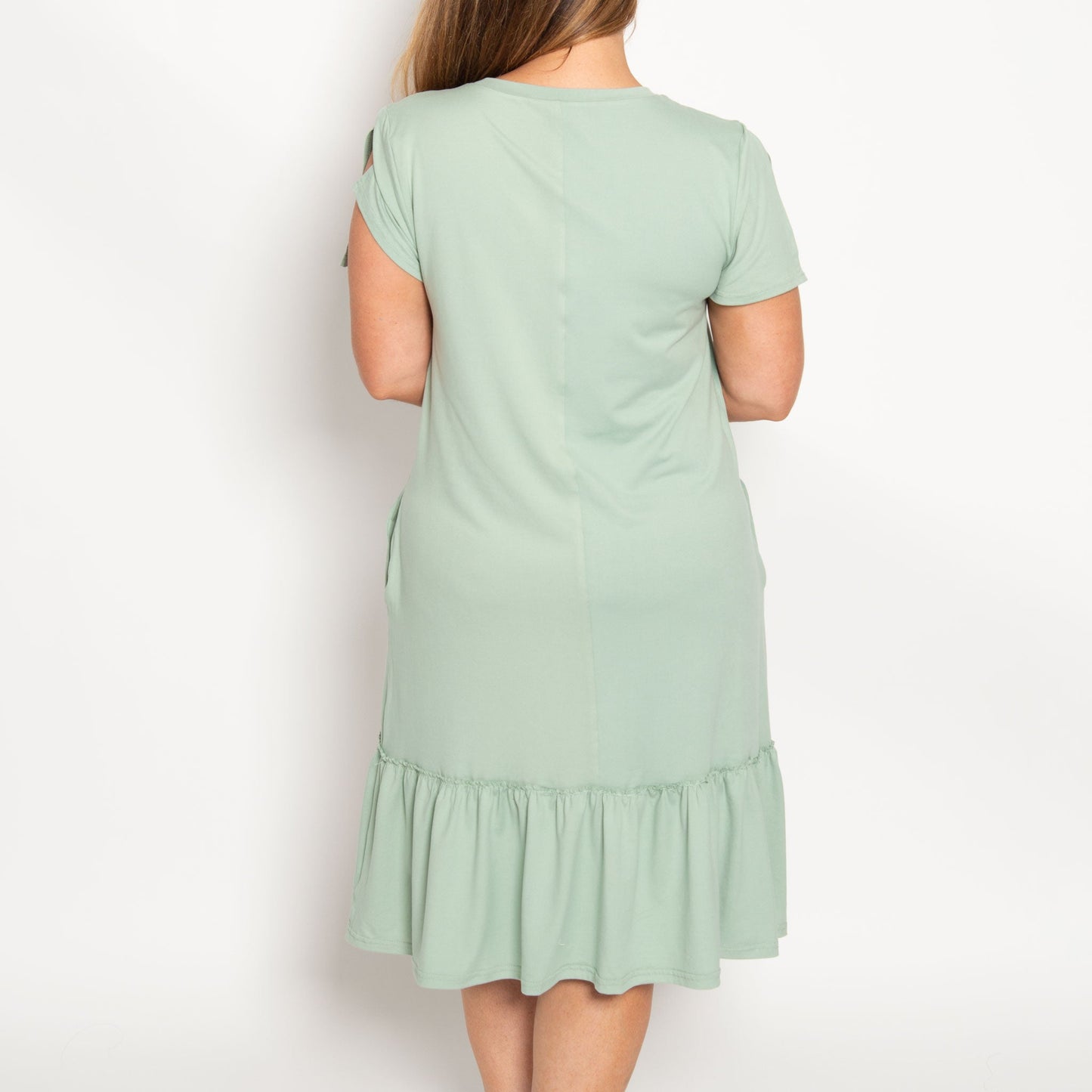 Brynn Short Sleeve Crewneck Ruffle Hem Midi Dress with Pockets