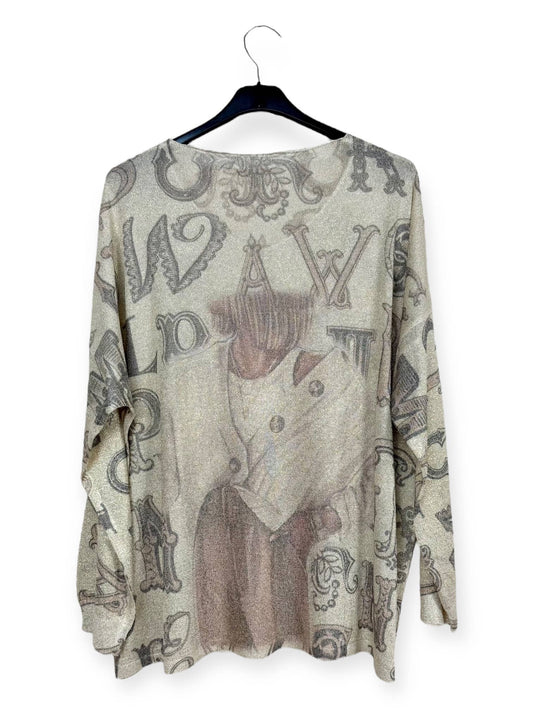 Short Hair off shoulder Cardigan sweater on Printed sweater, shiny material Made in Italy