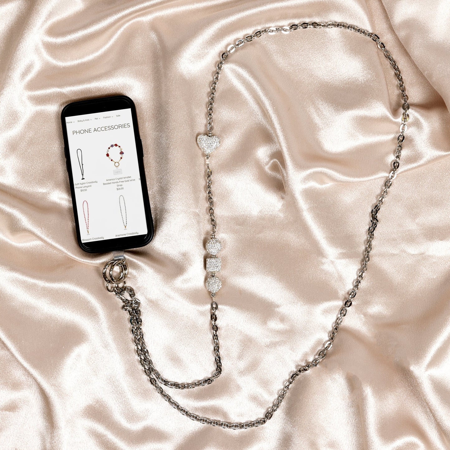 White Crystal Crossbody Beaded Silver Phone Chain
