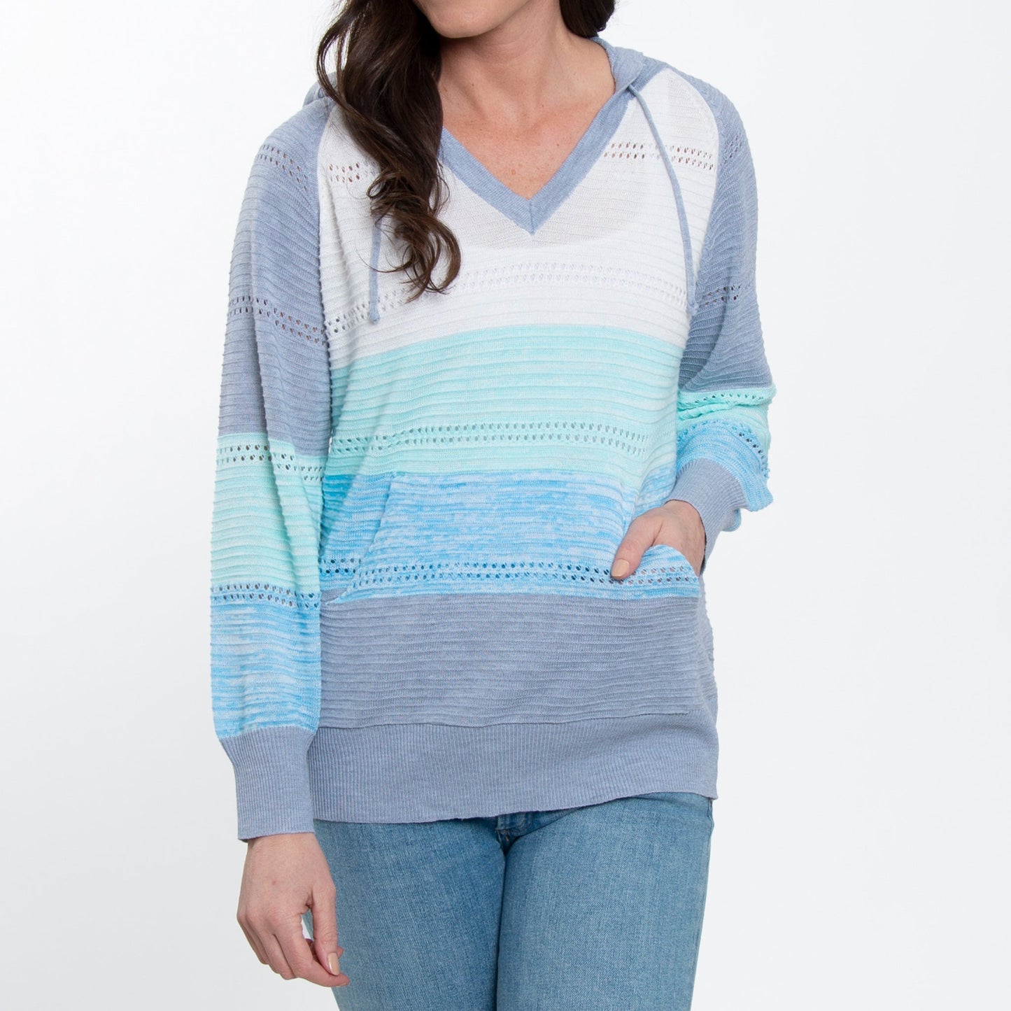 Avalon Crochet Color Block Long Sleeve Hooded Pullover