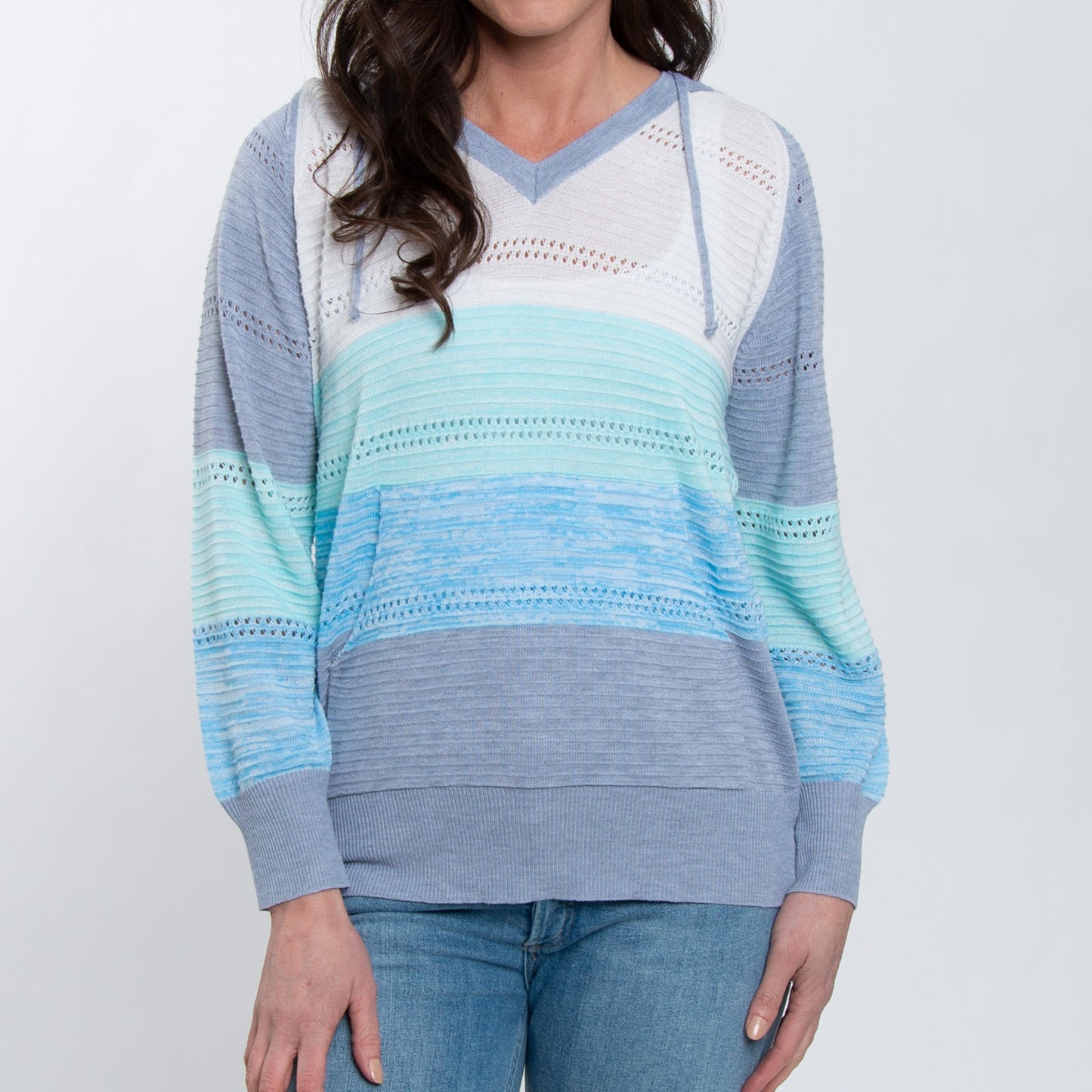 Avalon Crochet Color Block Long Sleeve Hooded Pullover