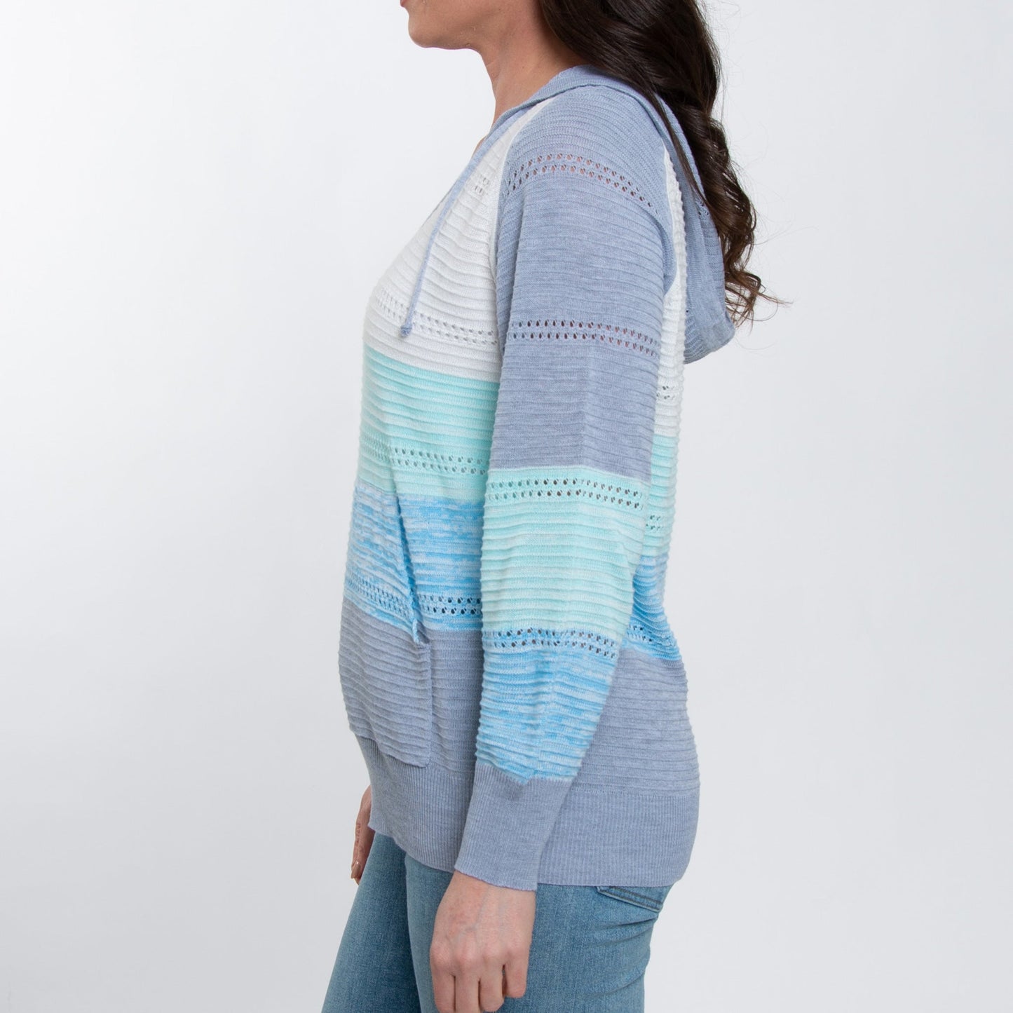 Avalon Crochet Color Block Long Sleeve Hooded Pullover