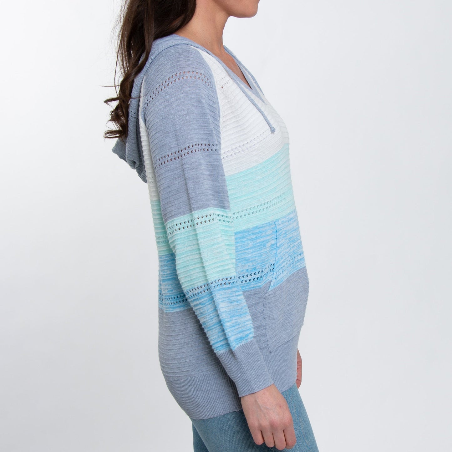 Avalon Crochet Color Block Long Sleeve Hooded Pullover