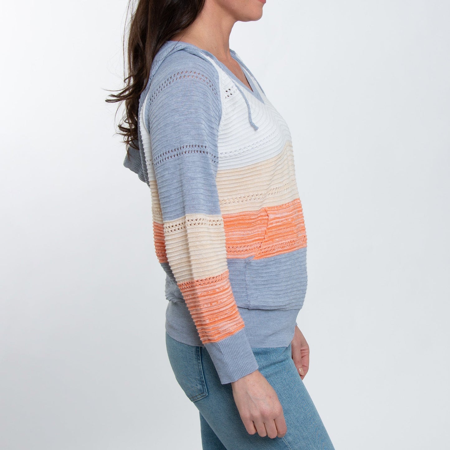 Avalon Crochet Color Block Long Sleeve Hooded Pullover