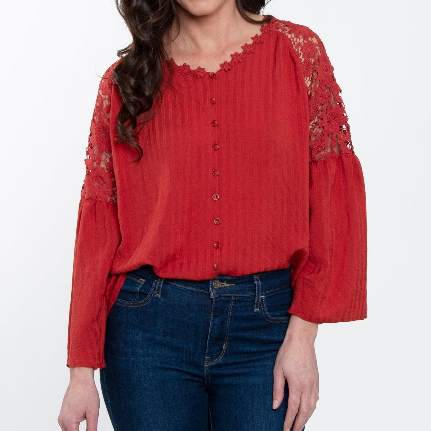 Mckenna Lace Back Long Sleeve V-Neck Blouse