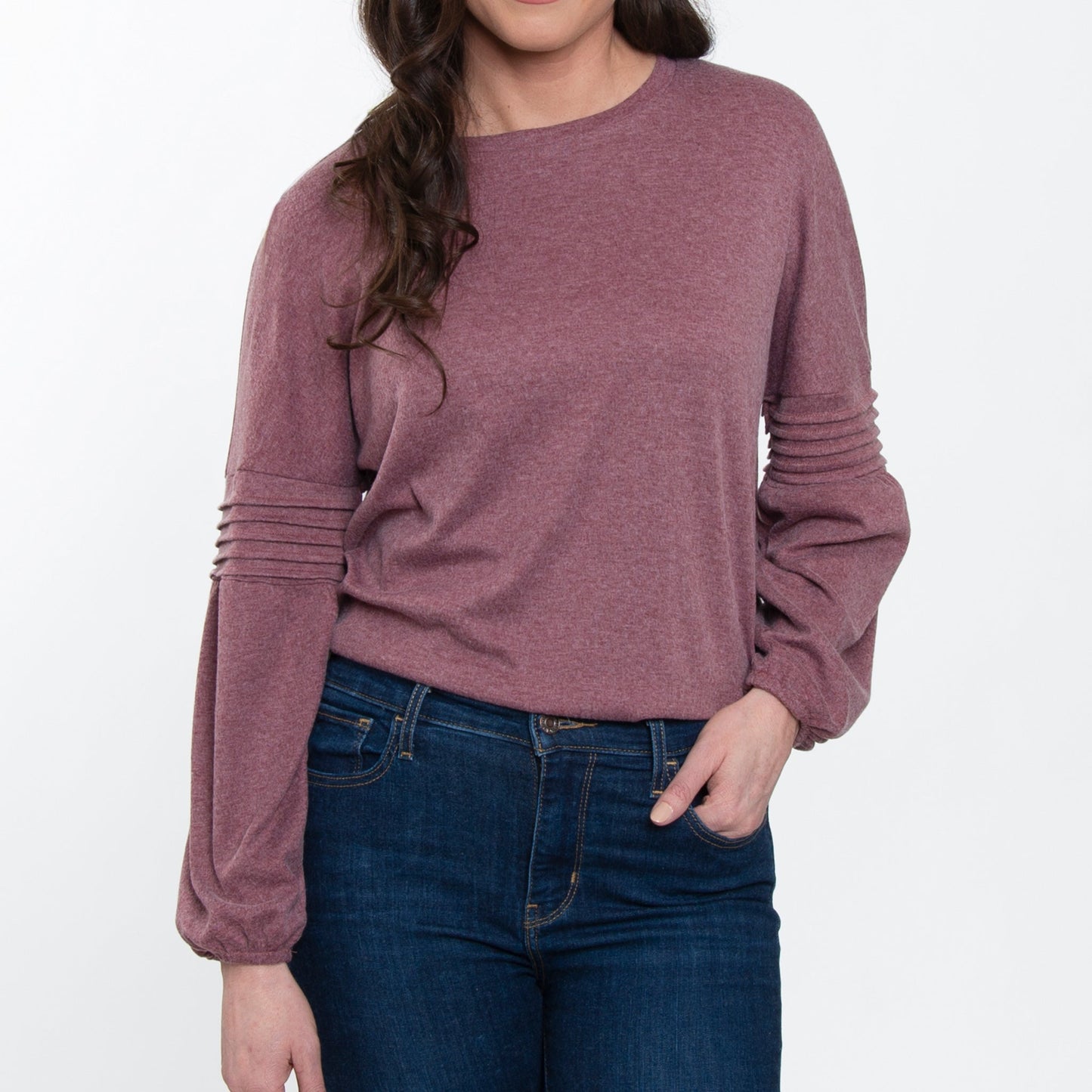 Carson Pleated Bishop Long Sleeve Crew Neck Sweater