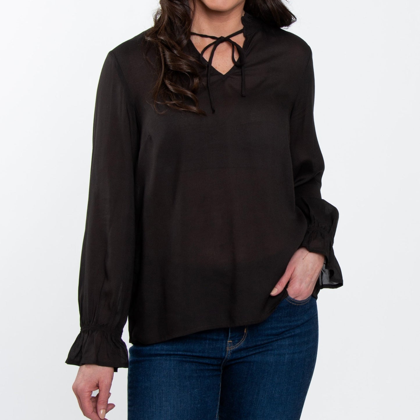 Merrick Ruffle Tie Keyhole Neck Long Sleeve Blouse