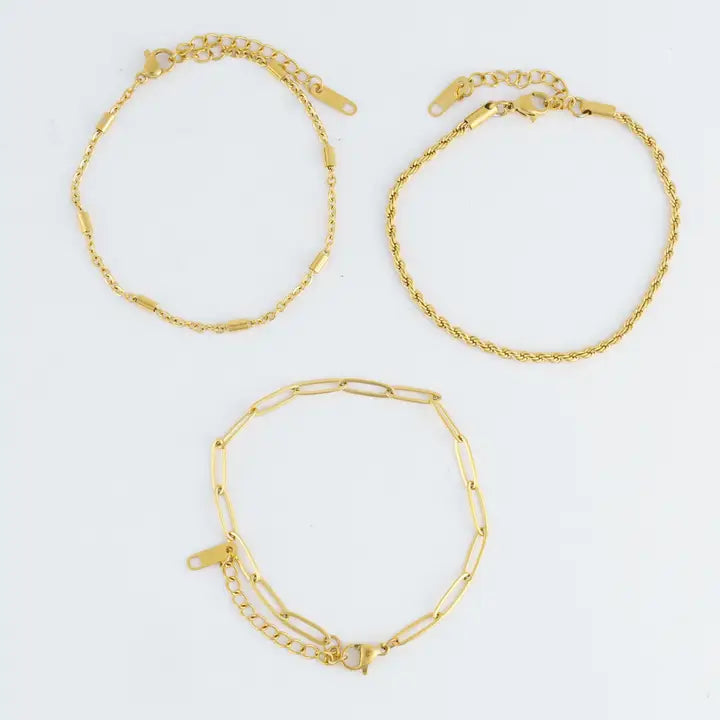 Paper Clip, Twisted and Dainty Chain Bracelet Set Extender" 11/2. L" 6 3/4 Narelle Waterproof Jewelry