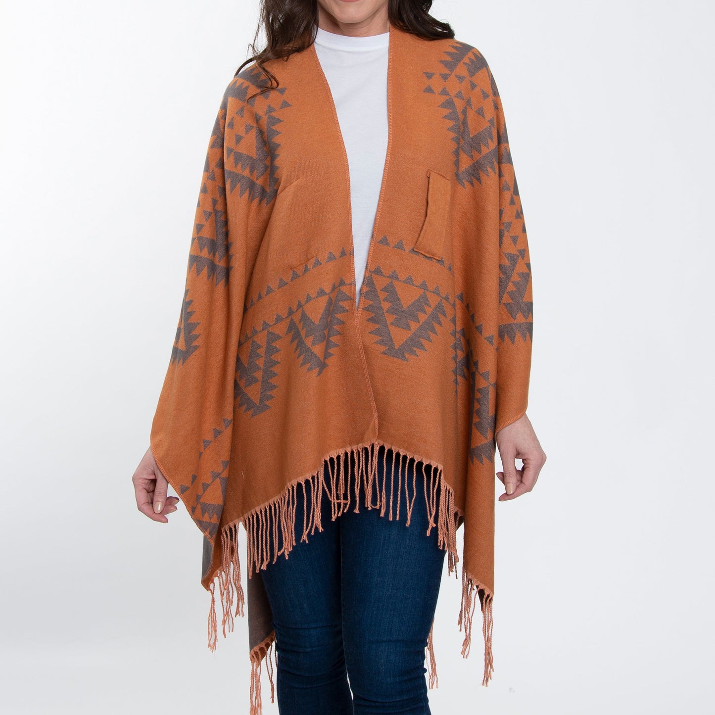 Rumi Reversible One Size Aztec Patterned Tasseled Wrap