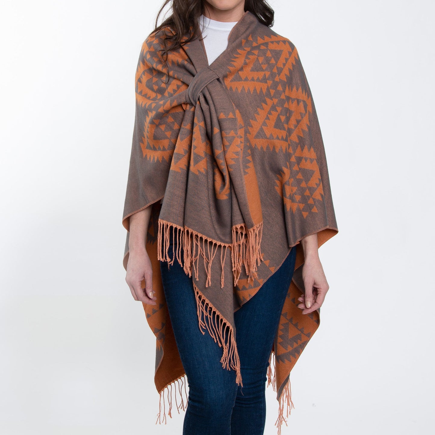 Rumi Reversible One Size Aztec Patterned Tasseled Wrap