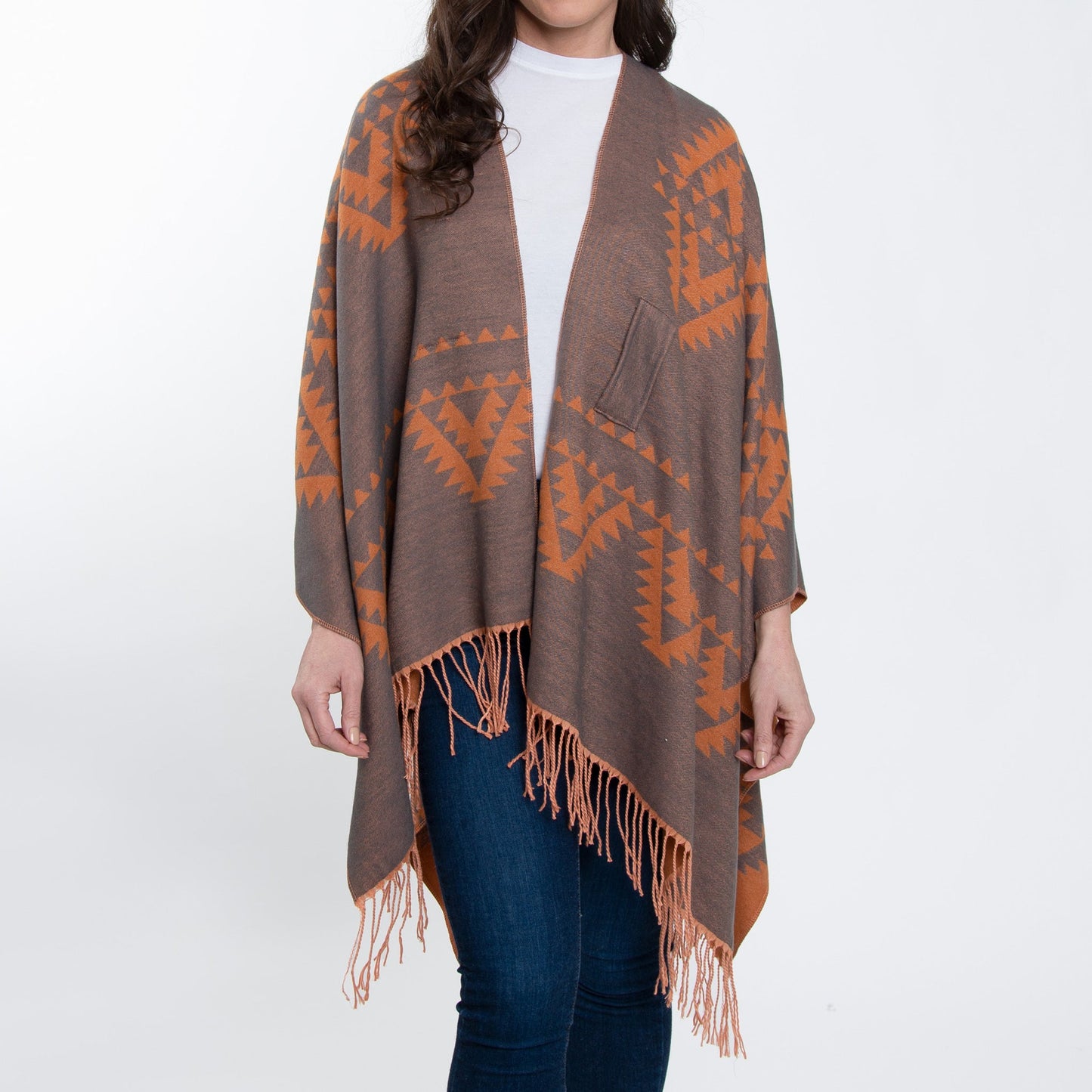 Rumi Reversible One Size Aztec Patterned Tasseled Wrap