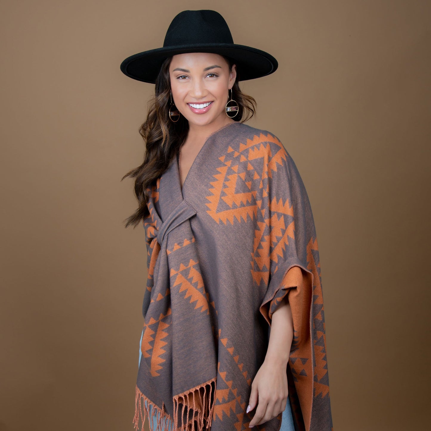 Rumi Reversible One Size Aztec Patterned Tasseled Wrap