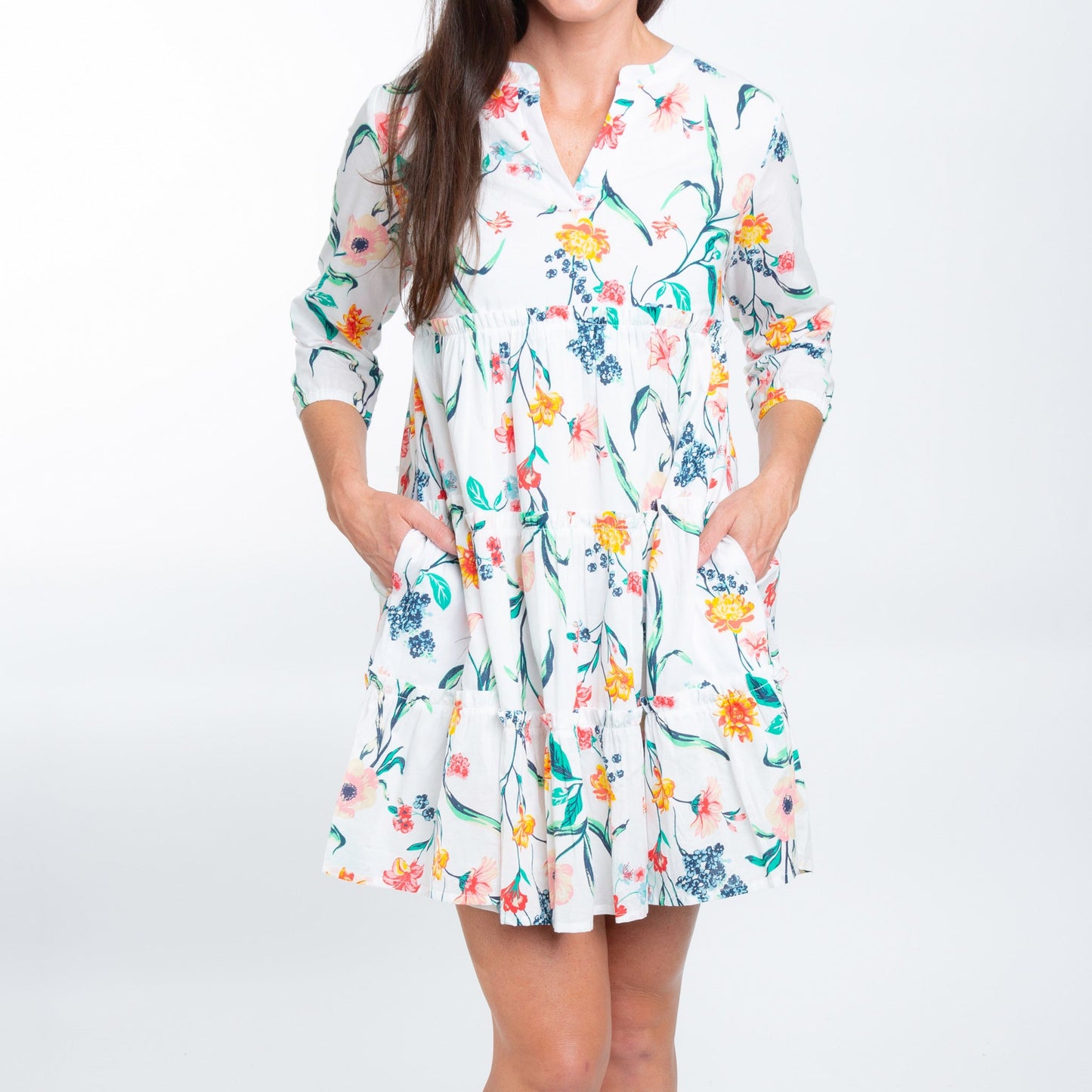 Allegra V-Neck 3/4 Sleeve Tiered Baby Doll Dress