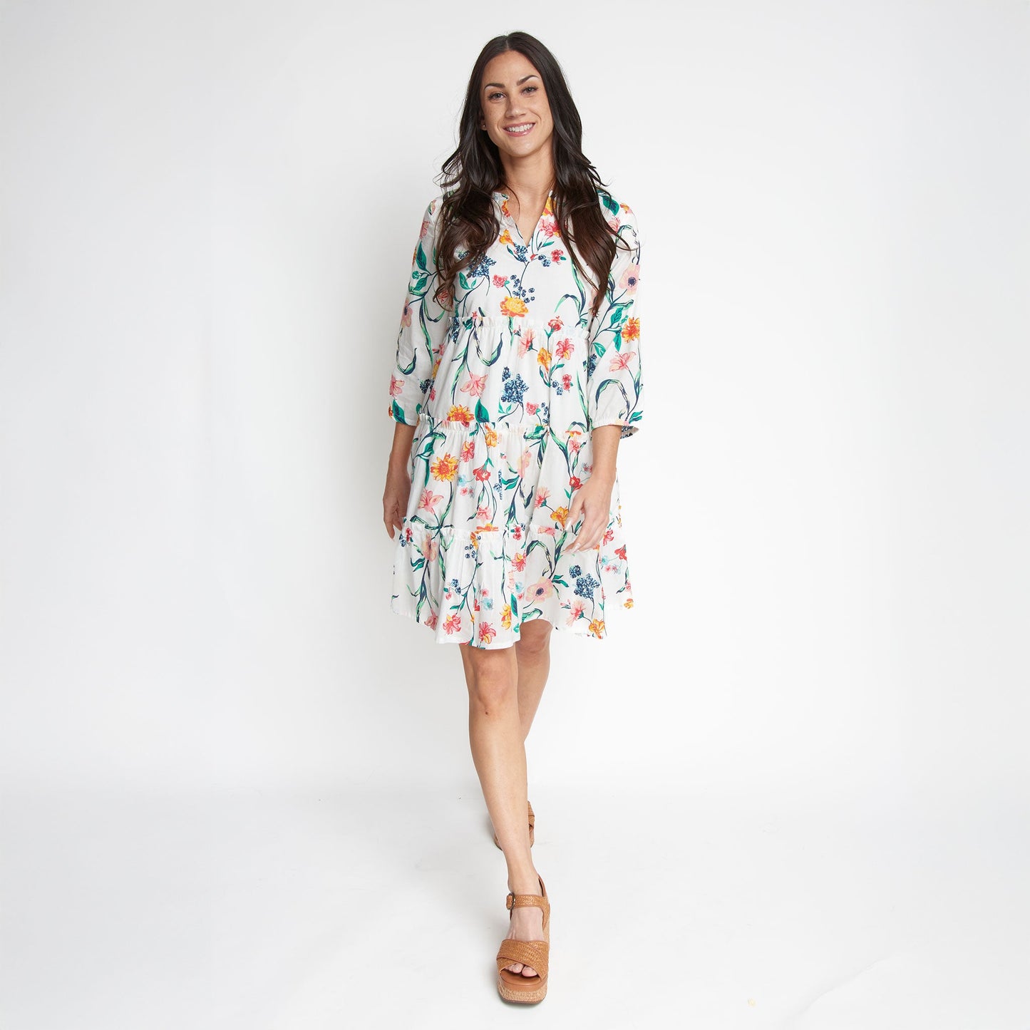 Allegra V-Neck 3/4 Sleeve Tiered Baby Doll Dress