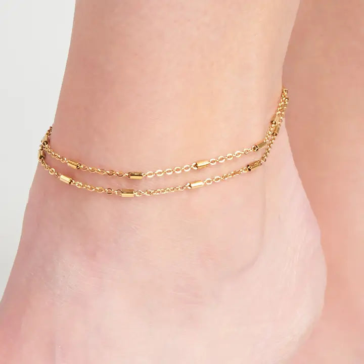 2 Rows Dainty Bar Chain Anklet Gold L" 8 1/2 Narelle Waterproof Jewelry