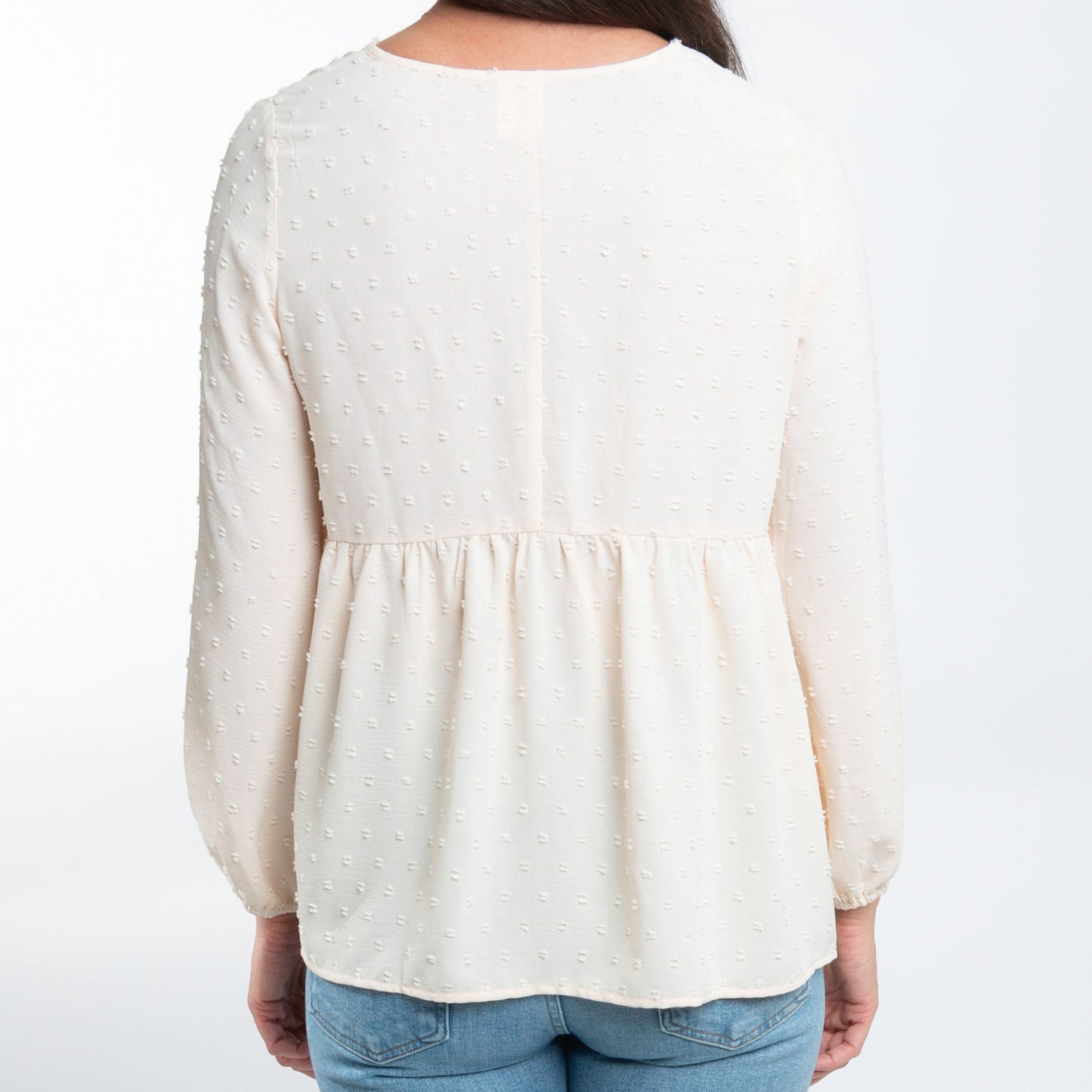 Kyra Swiss Dot V-Neck Long Sleeve Babydoll Blouse