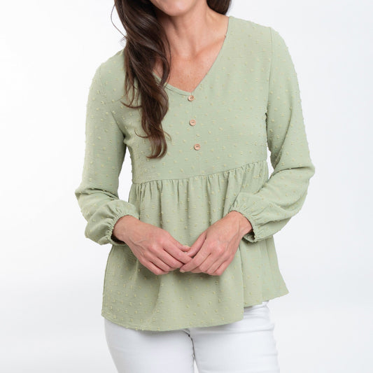 Kyra Swiss Dot V-Neck Long Sleeve Babydoll Blouse