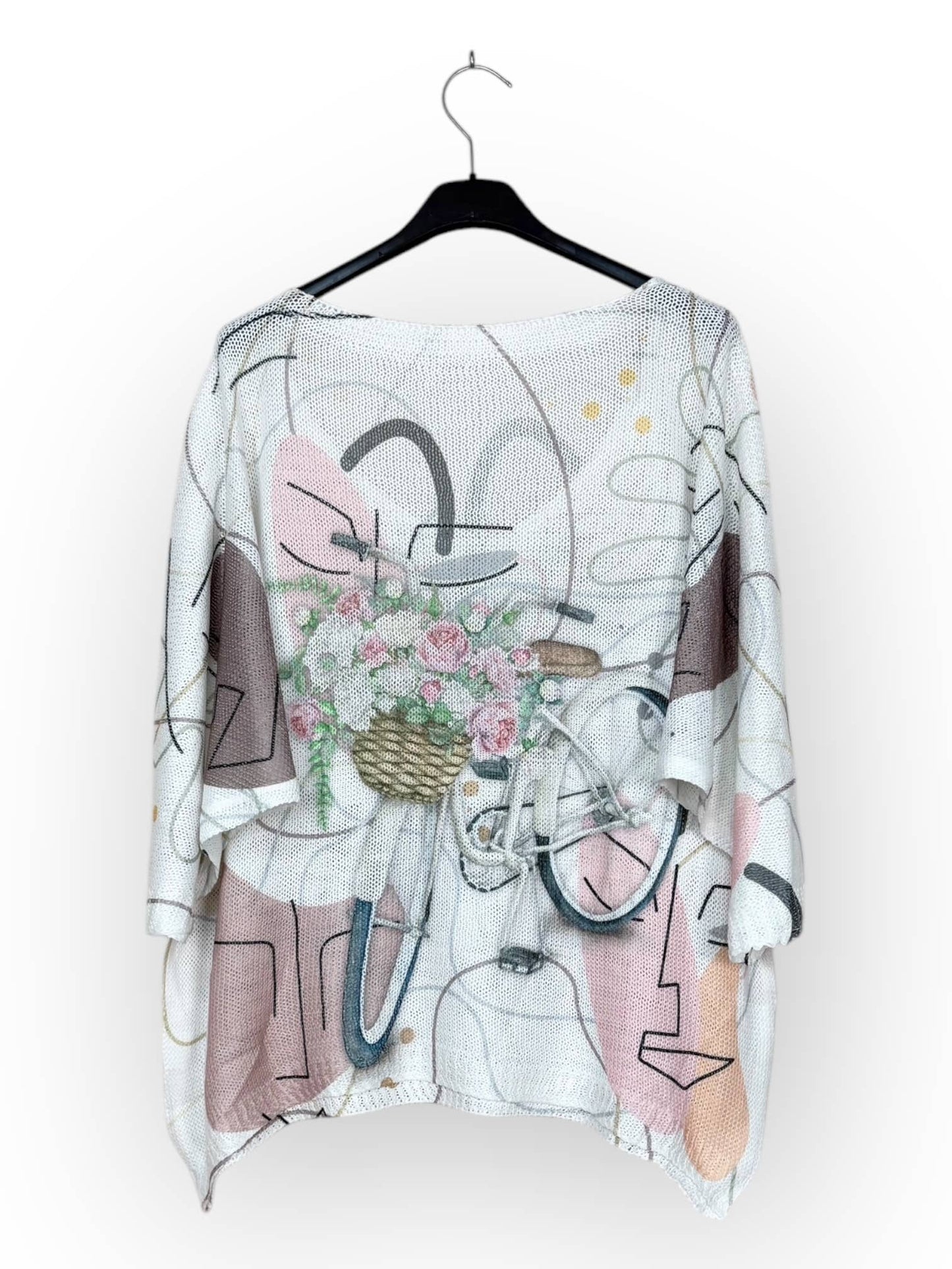 Floral Bicycle Knit V-neck T-shirt, patterned, 3/4 sleeve Made in Italy