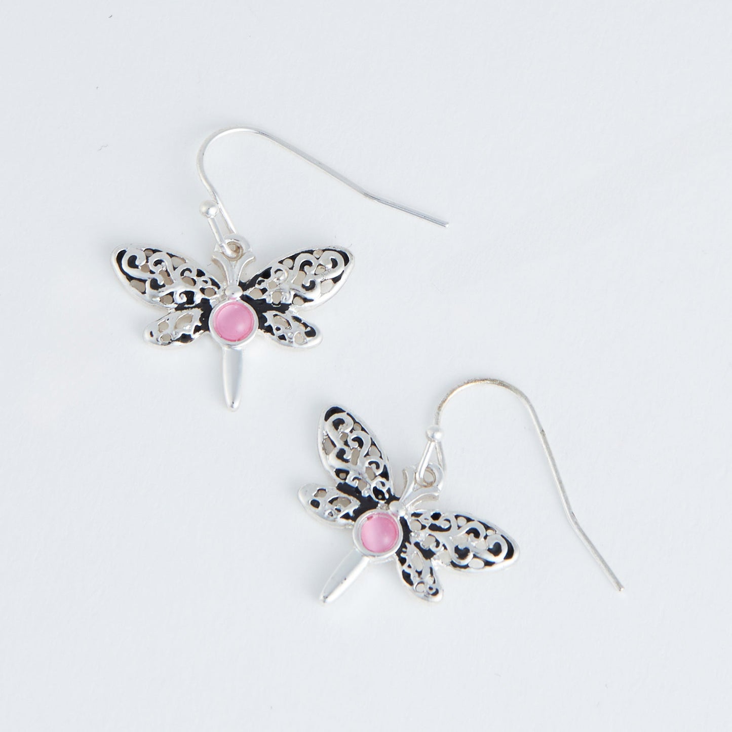Ear Sense Silver Dragonfly with Pink Stone Drop Earrings