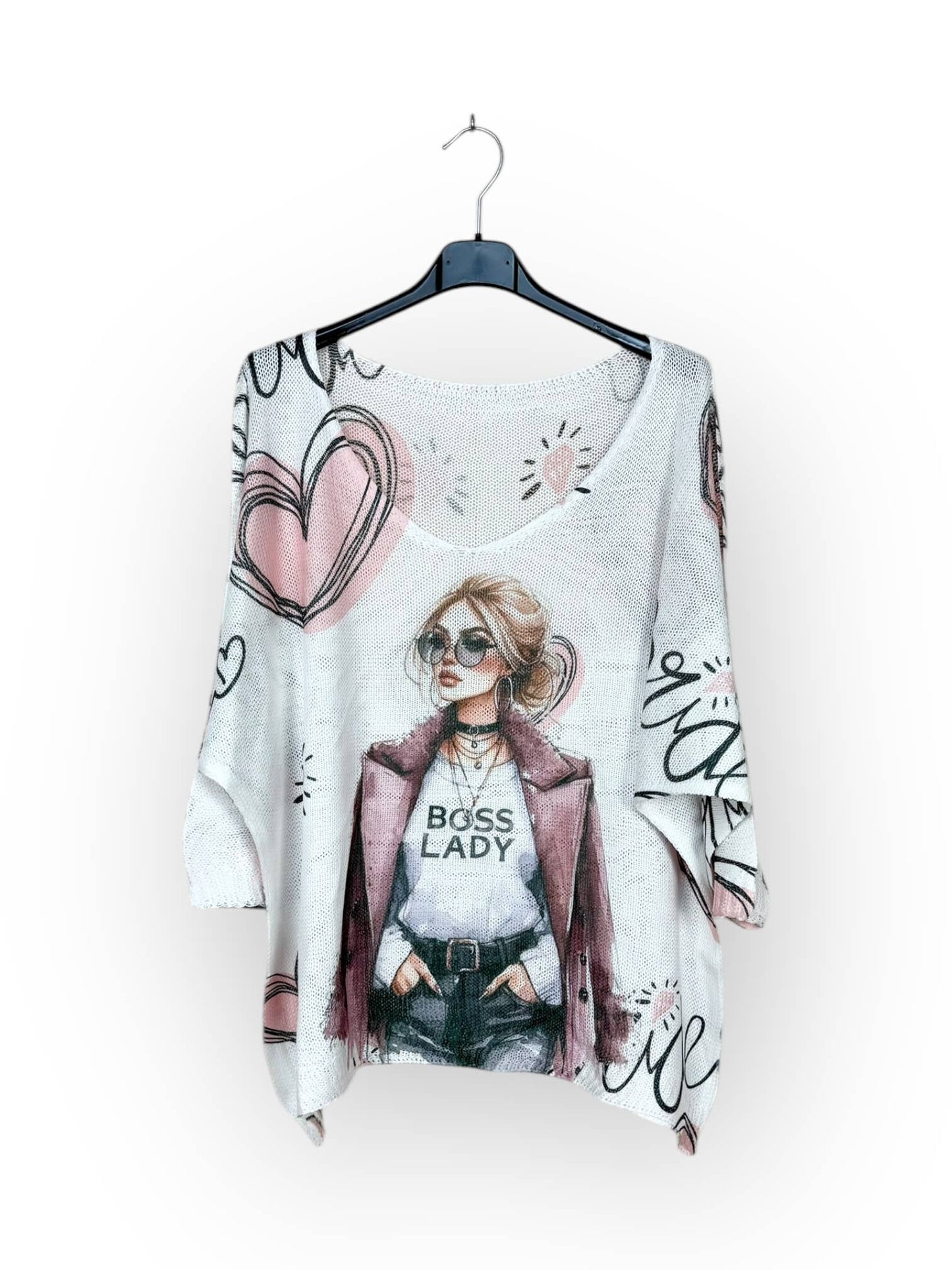 Boss Lady Knit V-neck T-shirt, patterned, 3/4 sleeve Made in Italy
