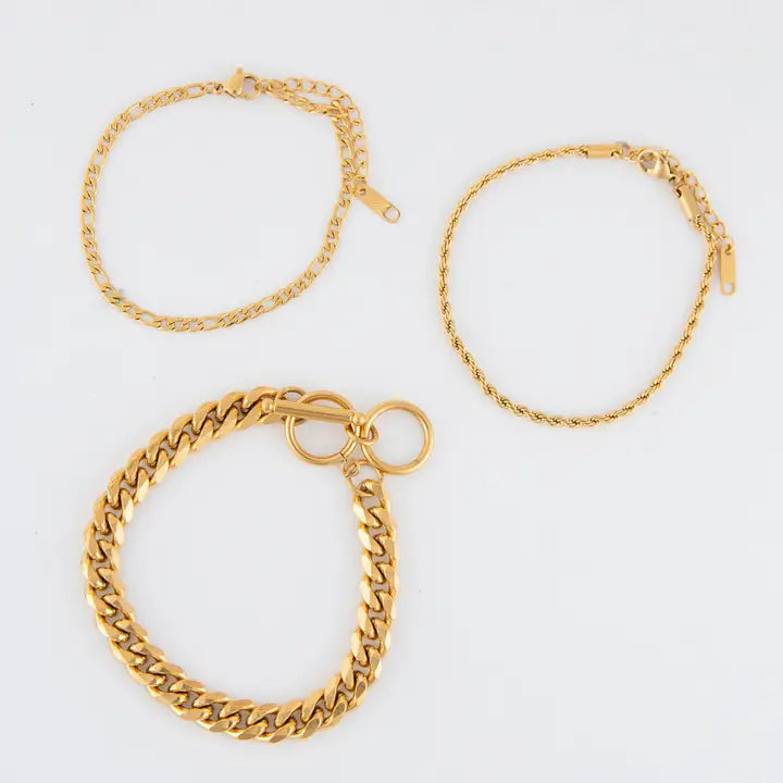 Chunky, Figaro and Dainty Chain Bracelet Set Extender" 11/2. L" 6 3/4 Narelle Waterproof Jewelry