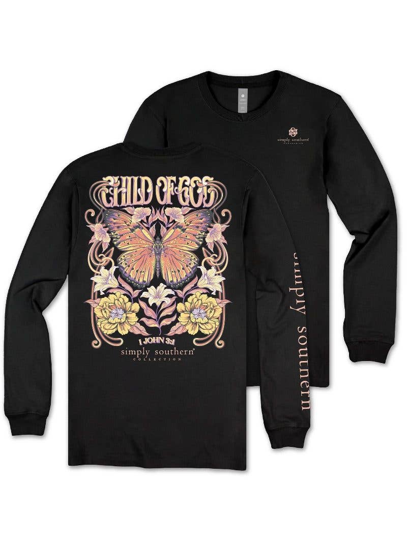Youth Child of God Butterfly with Flowers Simply Southern Long Sleeve Tee YTH-LS-CHILD-BLACK