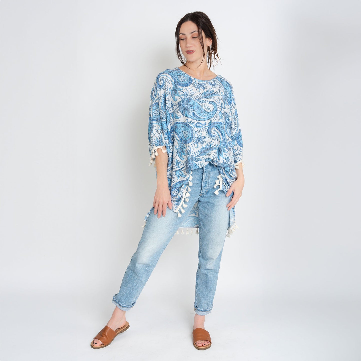 Elsie Blue Paisley Fringe One Size Beach Swimsuit Cover Up