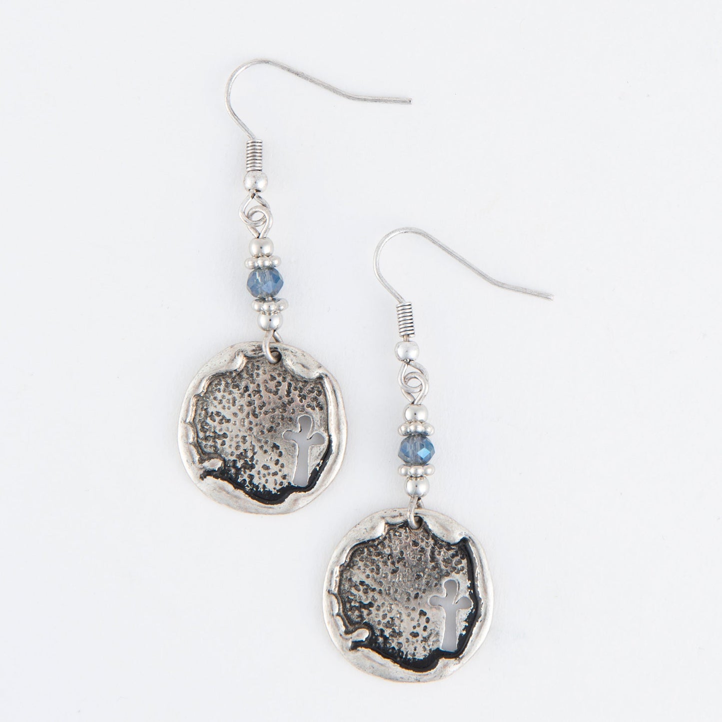 Wild Spirit Blue Beaded Silver Cross Disc Earrings