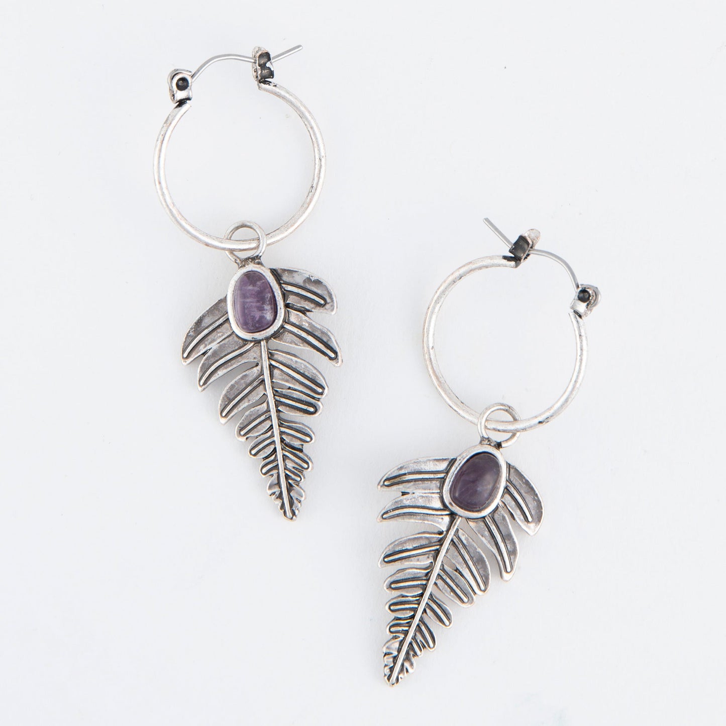 Wild Spirit Amethyst Silver Leaf Hoop Earrings