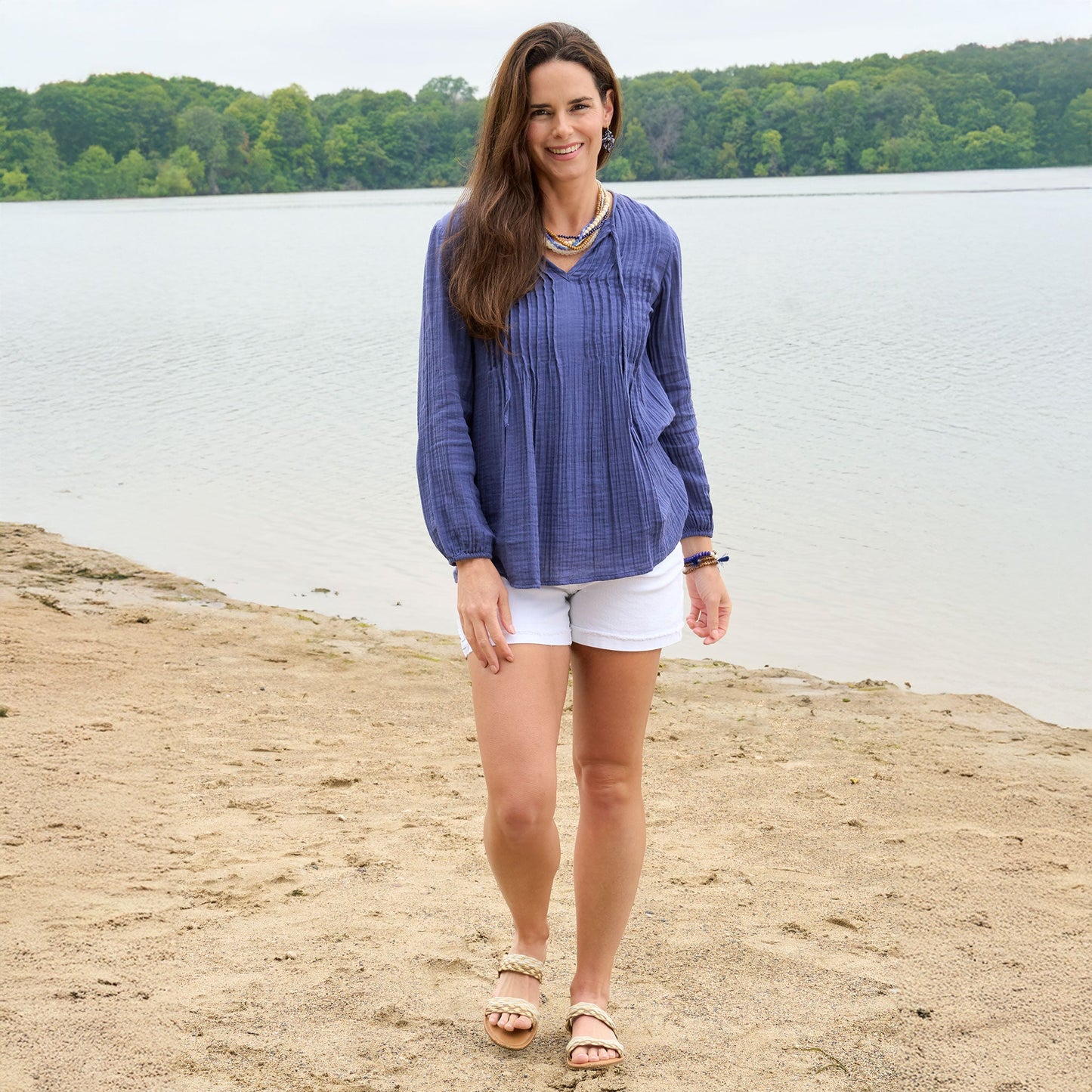 Eisley Cotton Gauze Long Sleeve Pintuck V-Neck Tunic