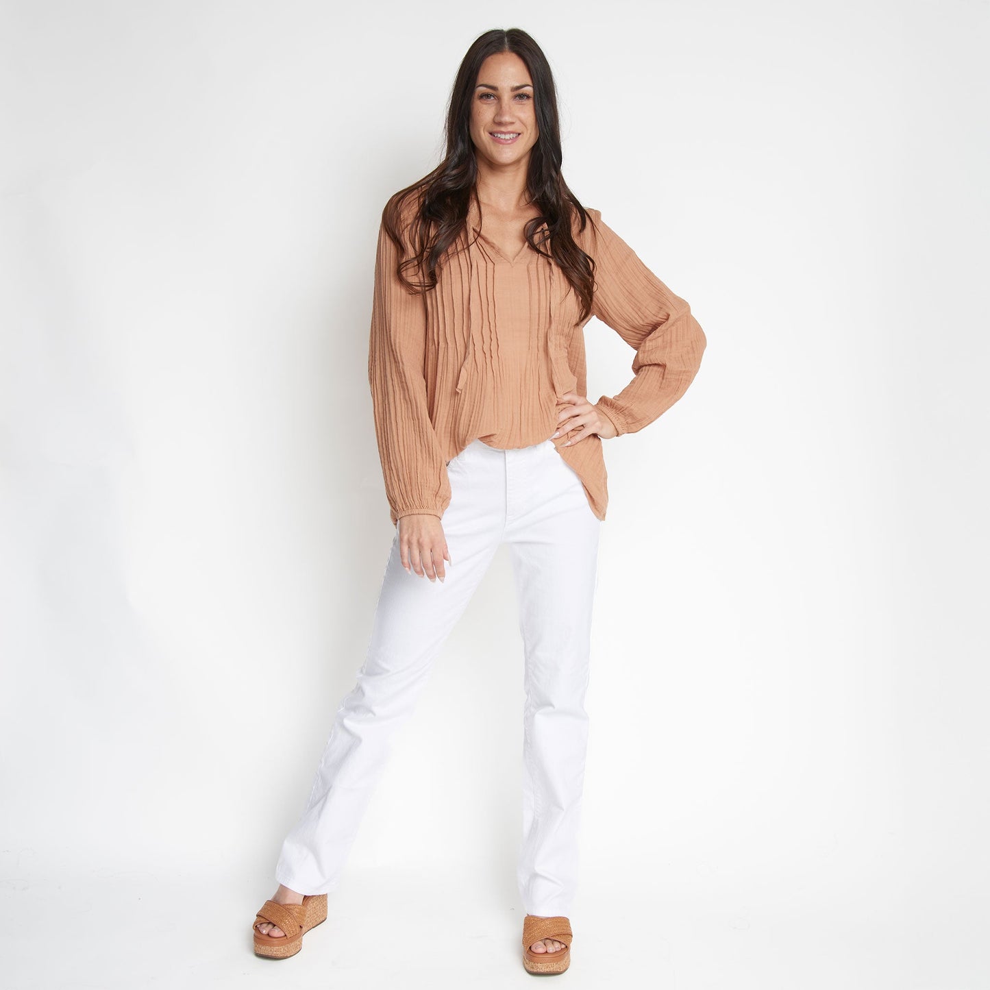 Eisley Cotton Gauze Long Sleeve Pintuck V-Neck Tunic