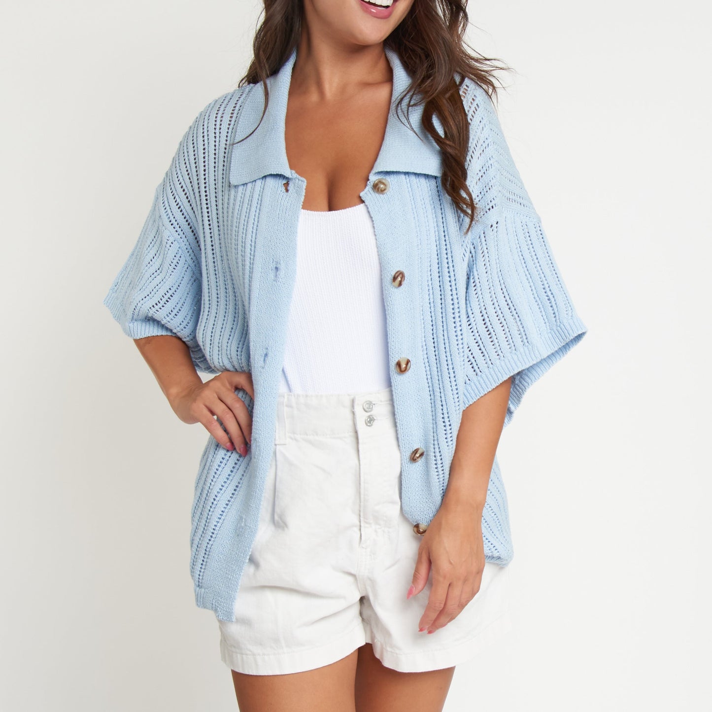 Catalina Knit Half Sleeve Button Up Top