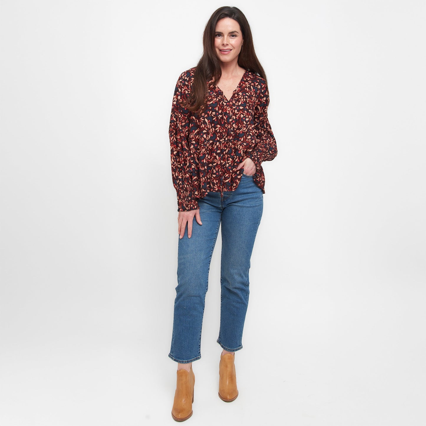 Drew Floral Fig V-Neck Long Sleeve Tiered Blouse