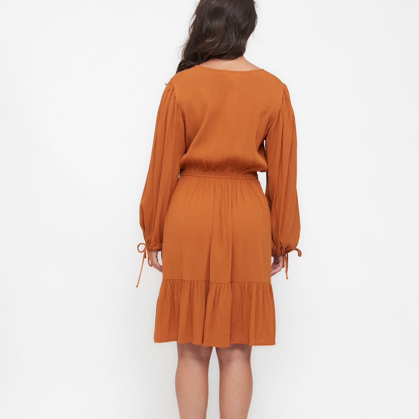 Clove Rustic Caramel Notch V-Neck Long Sleeve Tiered Dress