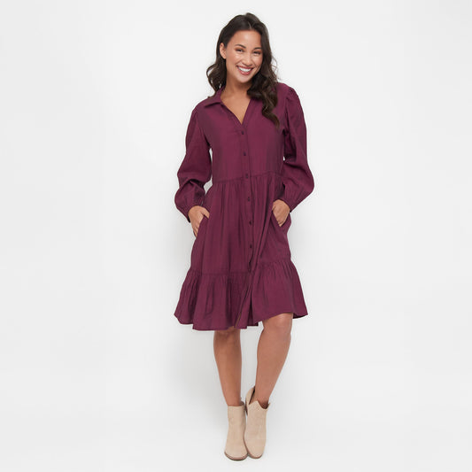 Ashton Long Sleeve Collared Button Up Tiered Dress
