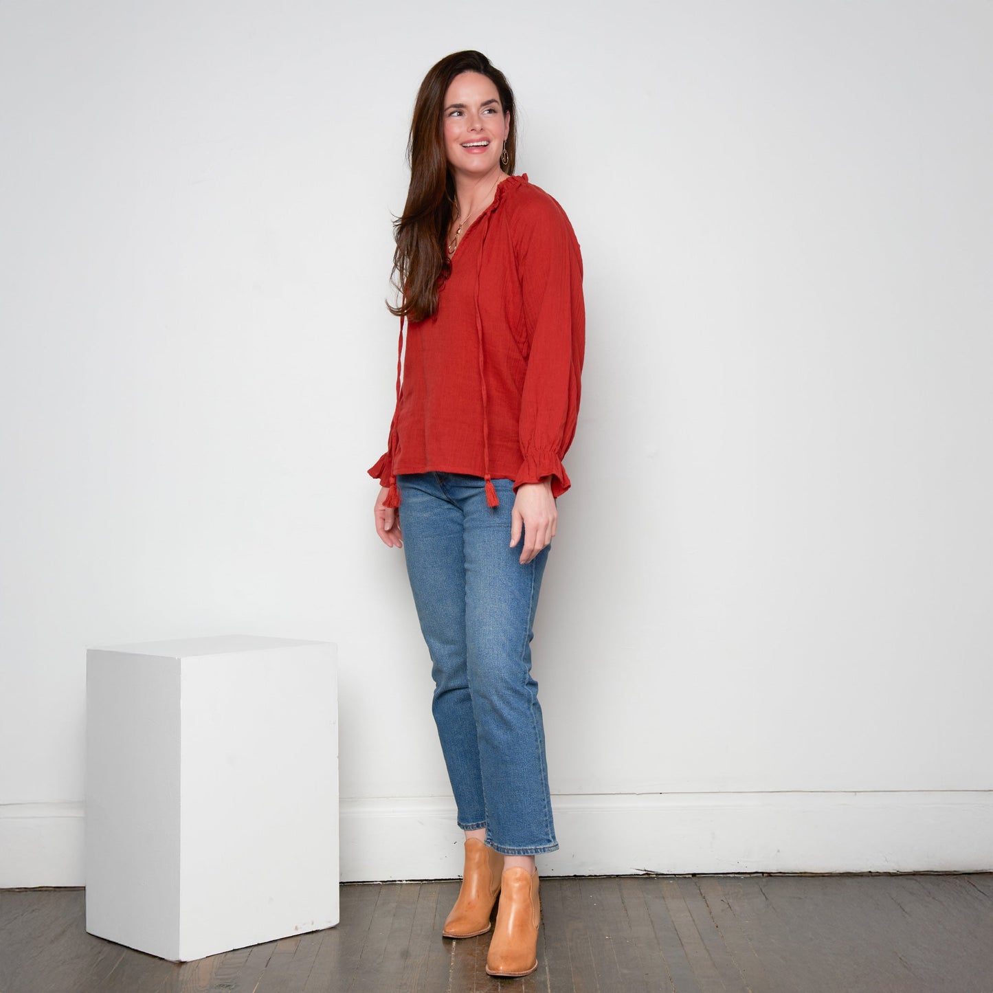 Jasmine Cotton Gauze V-Neck Long Sleeve Blouse